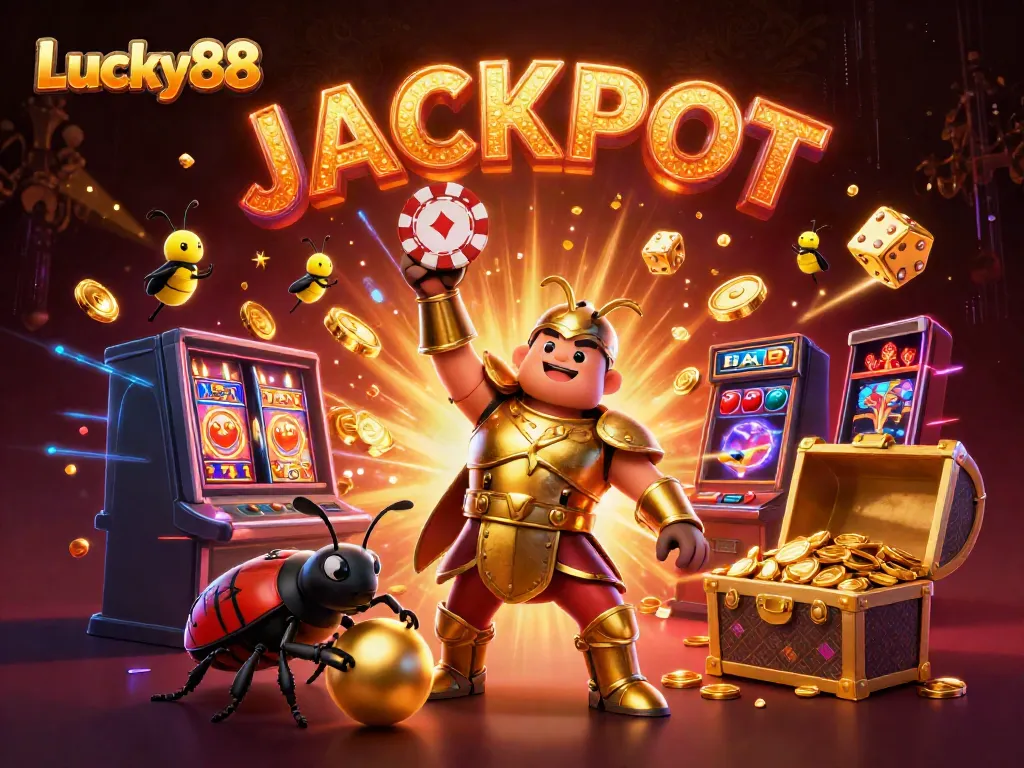 Experience thrilling wins at Lucky88 with jubilant characters celebrating jackpots and exciting casino games.