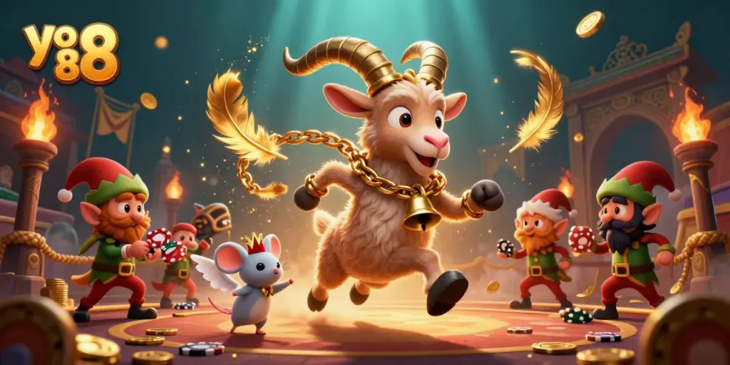 Experience the vibrant action of yo 88 with a festive Krampus goat in a lively casino.