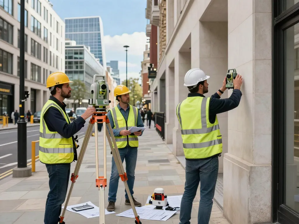 Measured Building Survey London: Surveyors utilizing advanced tools in a busy urban environment.