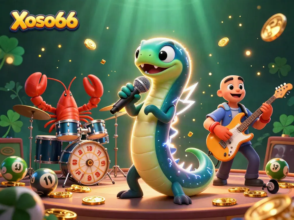 Xoso66 lottery experience showcasing a vibrant DJ eel and band performing in an underwater casino.