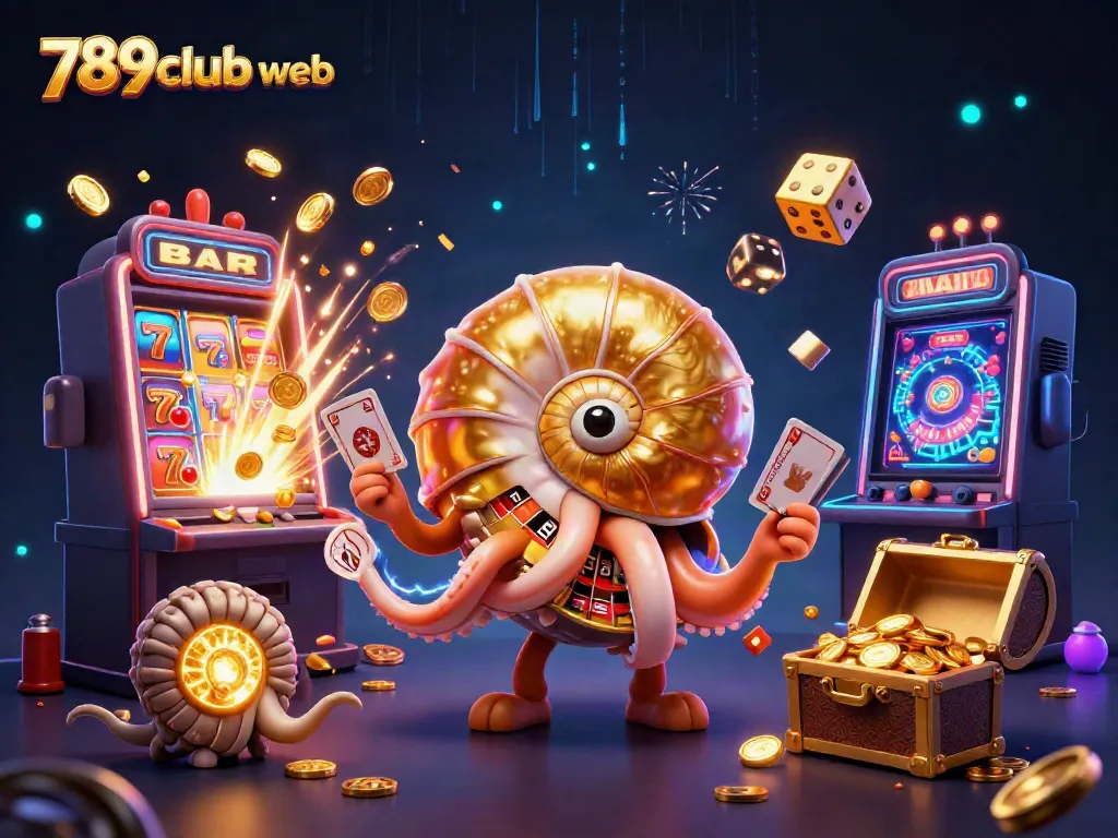 Interact with the vibrant 789club web including a giant nautilus roulette wheel and glowing slot machine.