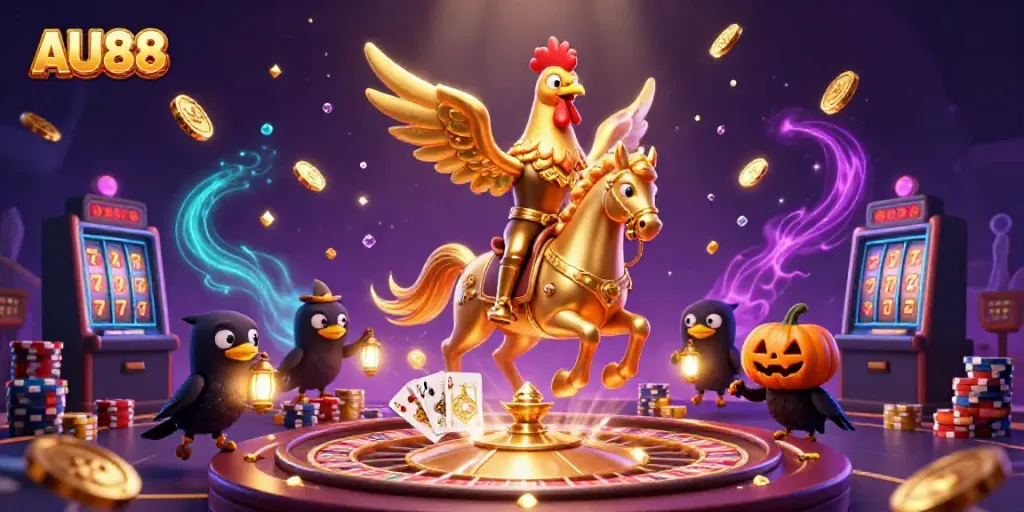 Experience the thrill of AU88 with an intricate golden rooster riding through a magical casino scene.