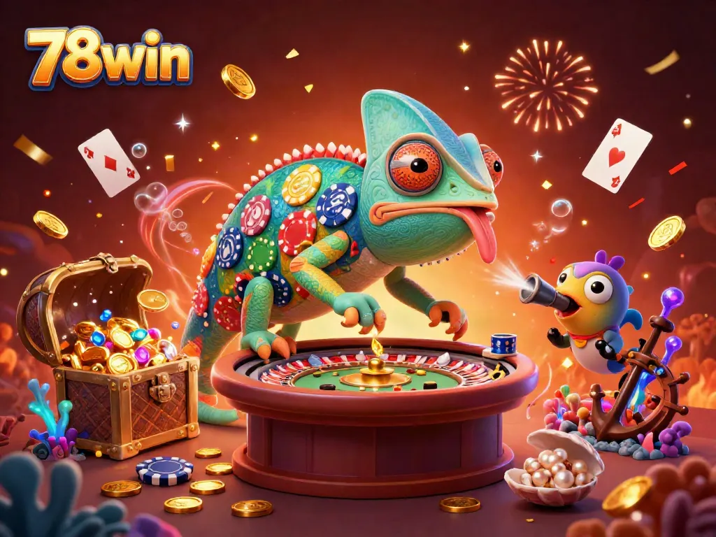 Experience the vibrant casino world of 78win, featuring a chameleon owner amidst gold coins and playing cards.