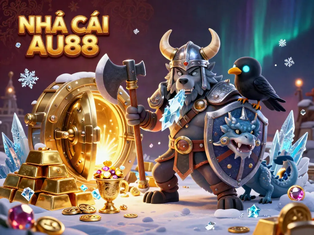 Engage with thrilling gaming at NHÀ CÁI AU88, featuring Viking and dragon elements in an exciting casino scene.