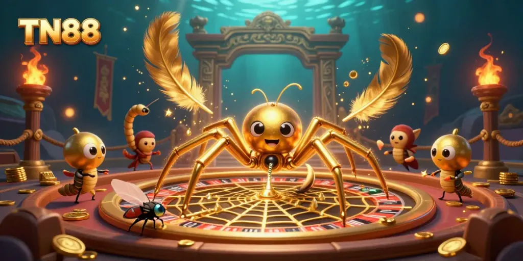 Engage with TN88's vibrant casino world featuring a golden spider and centipede croupier.