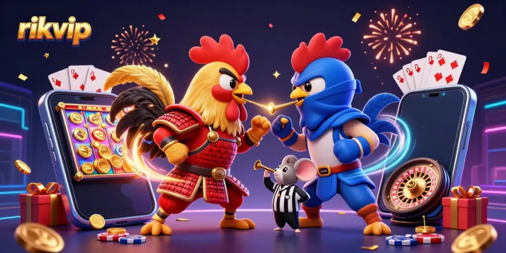 Engage in thrilling action with rikvip as samurai and ninja roosters face off amidst vibrant casino elements.