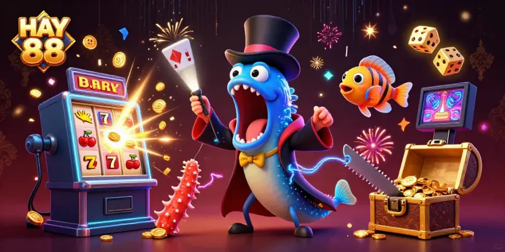 HAY 88 showcases a bioluminescent gulper eel magician performing card tricks amid vibrant casino elements.
