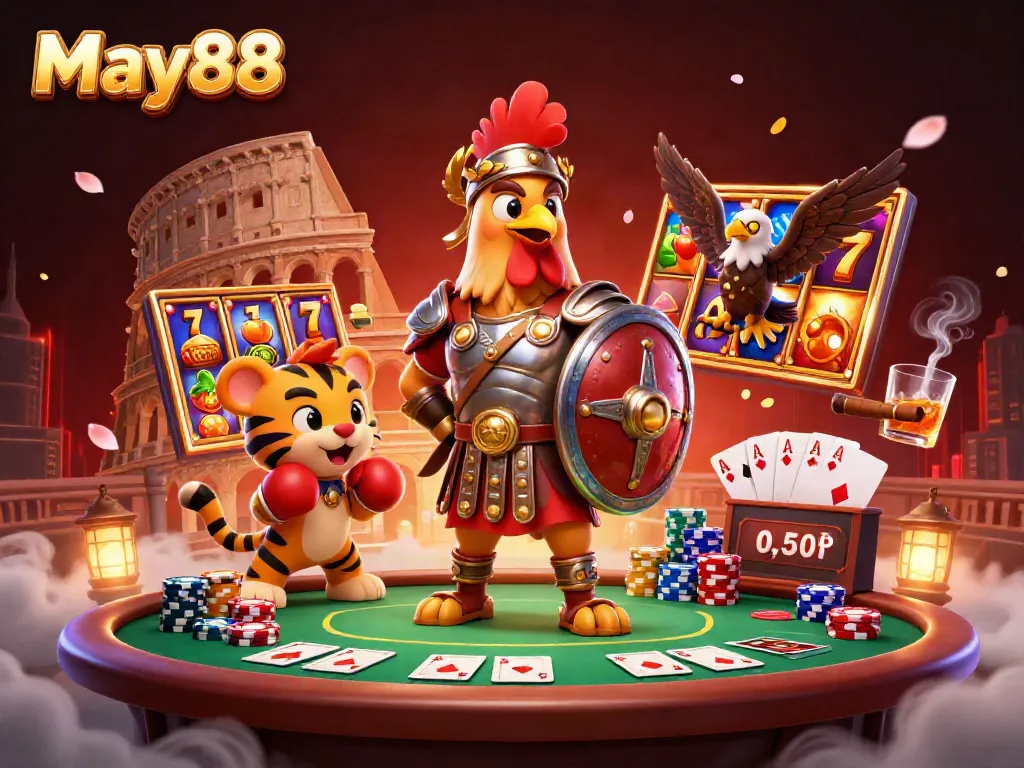 Experience the thrilling world of gambling with May88 in a highly detailed 3D illustration featuring vibrant slot reels and club-like atmosphere.