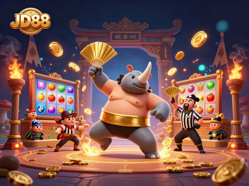Engage in thrilling gameplay at JD88 with lively slot action featuring a beetle champion and a colorful arena.