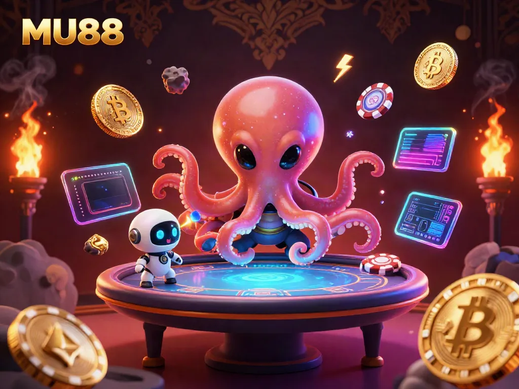 Experience thrilling gameplay at MU88 with a vibrant 3D alien poker scene featuring crypto elements.