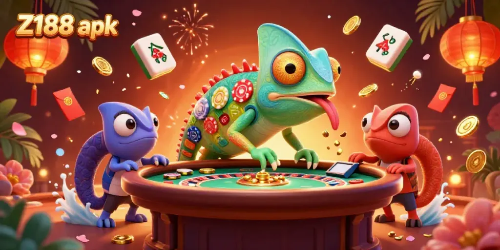 Experience the thrill of Z188 apk with vibrant casino elements and a colorful chameleon owner.