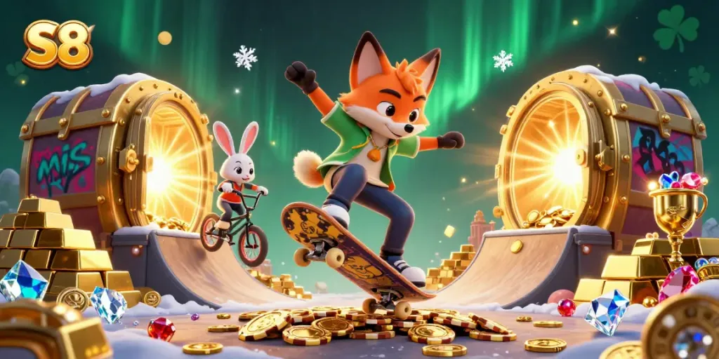 S8 offers thrilling casino experiences with a skateboarder fox and BMX rabbit amid golden riches.