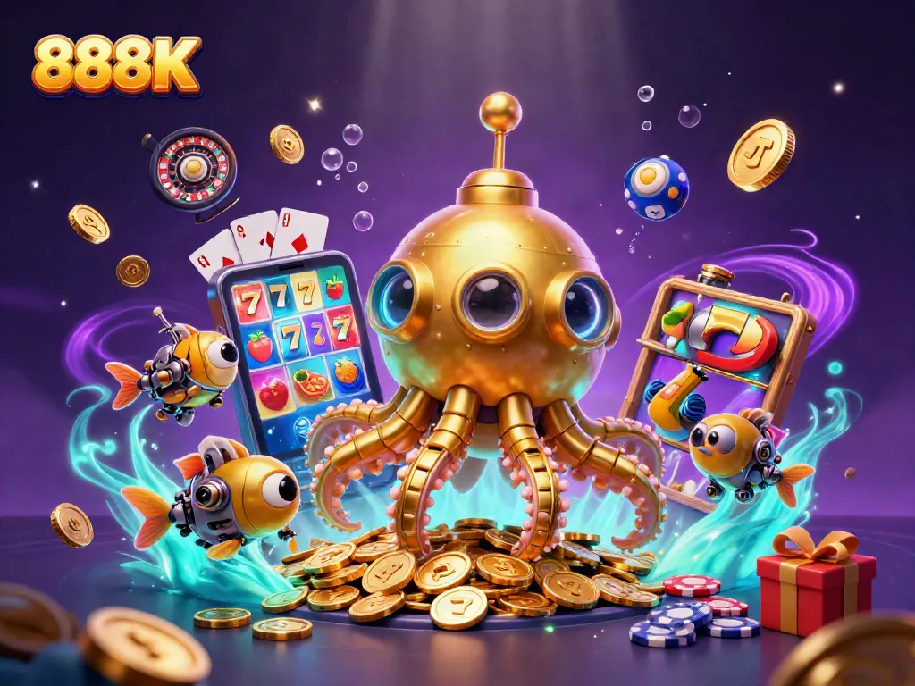 Play exciting games with 888K, featuring a golden kraken and slot machines amid shimmering coins.