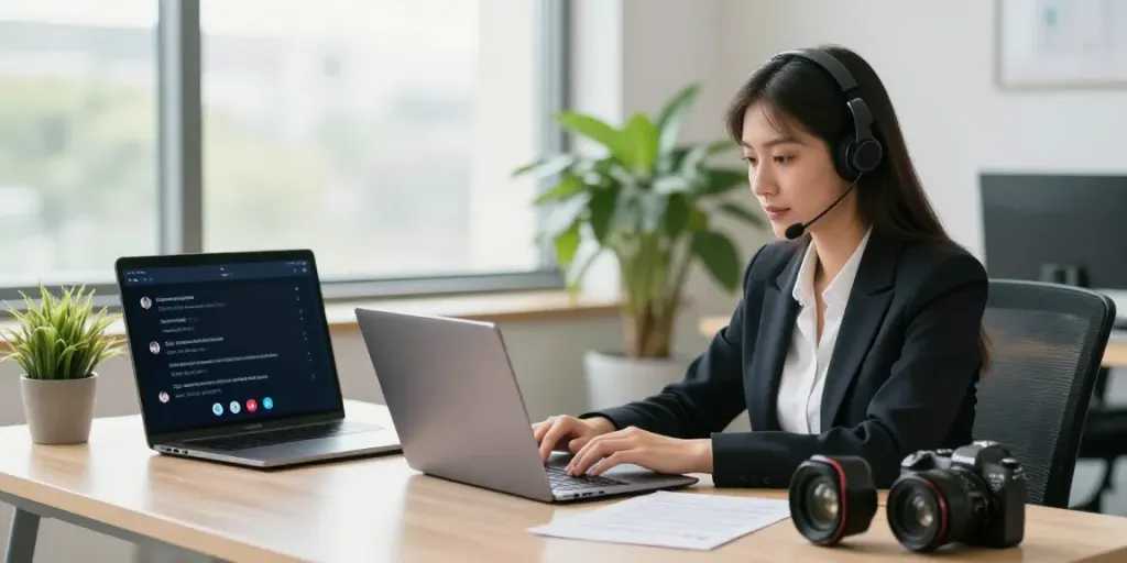 Call answering UK virtual receptionist assisting in a modern office environment.