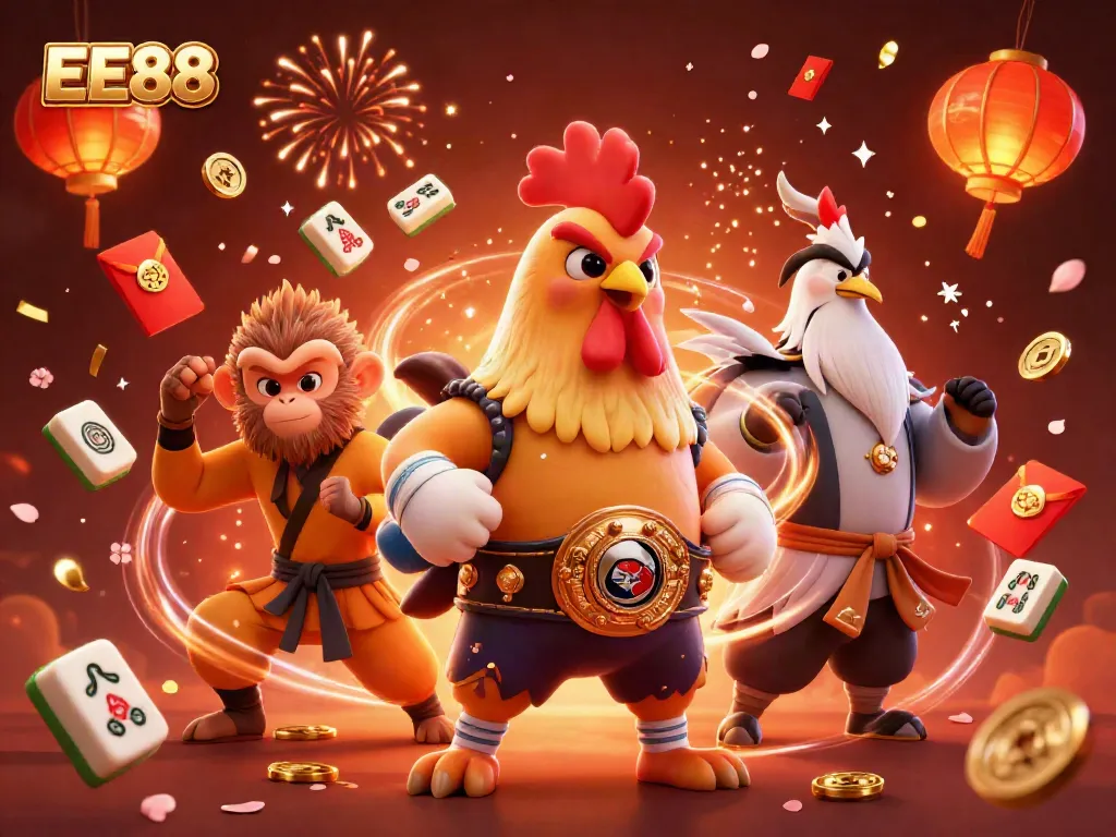 Experience the vibrant EE88 atmosphere with action-packed characters and dynamic casino elements.