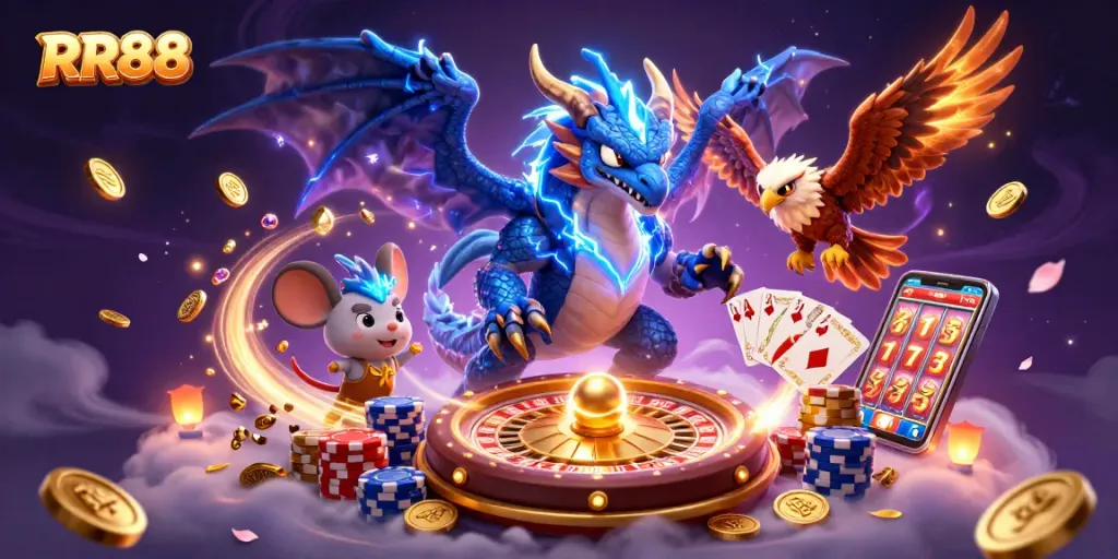 Engage with thrilling RR88 gaming action featuring a vibrant thunder dragon amidst casino energy.