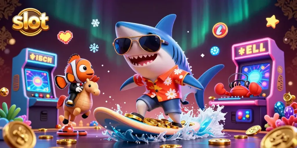Spin and win on vibrant slots with cartoon characters surfing on gold coins, showcasing excitement!