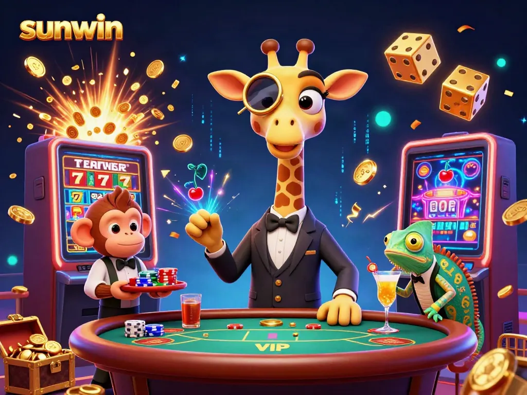 Experience the thrill of Sunwin with a vibrant 3D casino scene featuring a giraffe, monkey, and chameleon.
