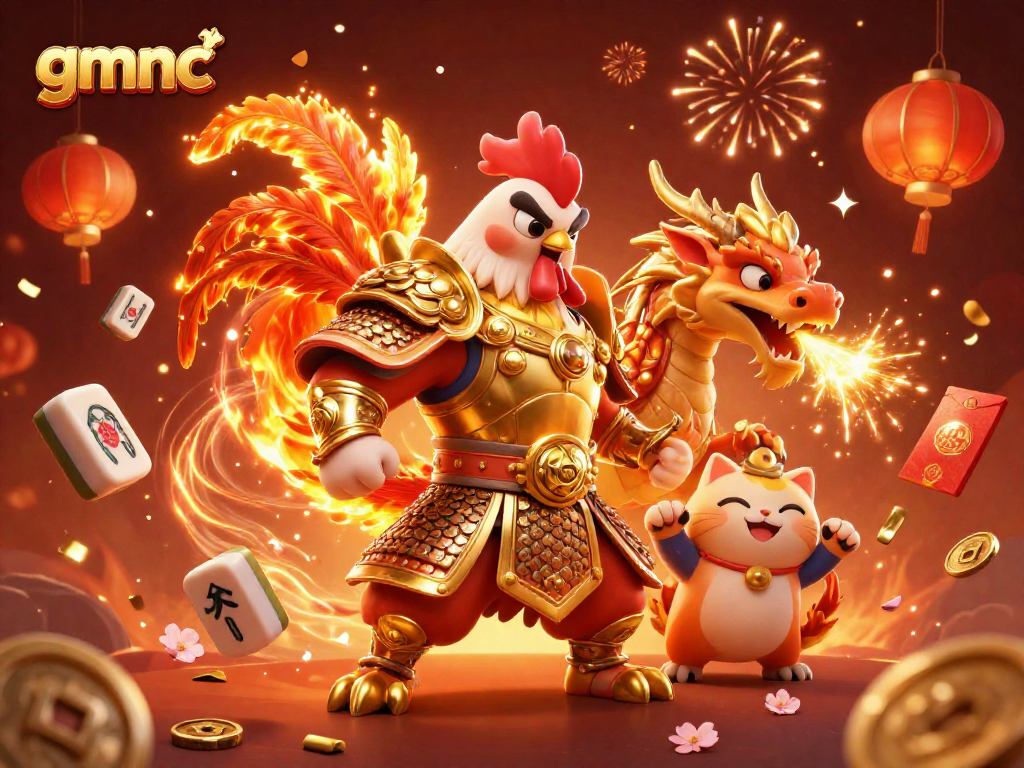 Engage in thrilling gameplay at gmnc with a vibrant scene featuring an armored rooster, dragon, and lucky symbols.