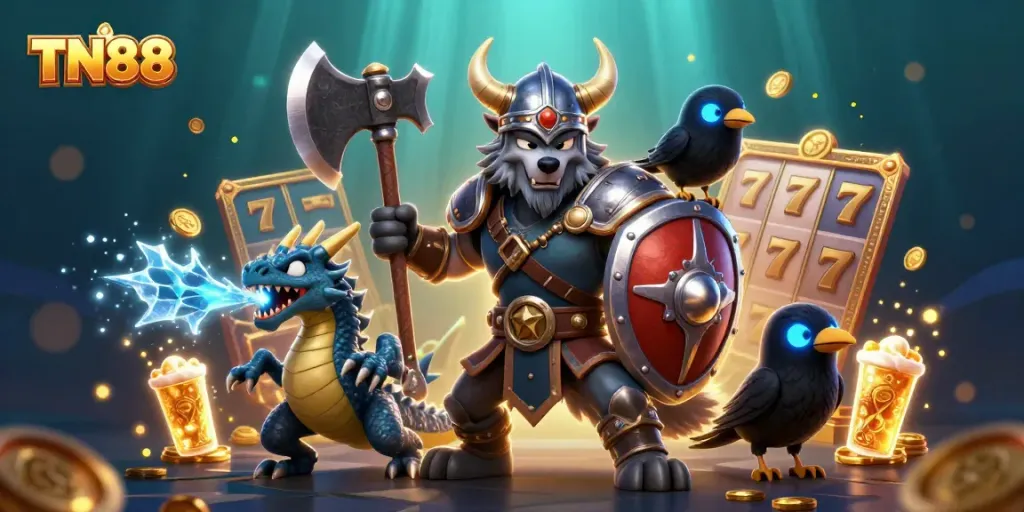 Experience exhilarating gaming action with TN88 as Viking warriors, dragons, and winning slots collide in a dynamic 3D scene.