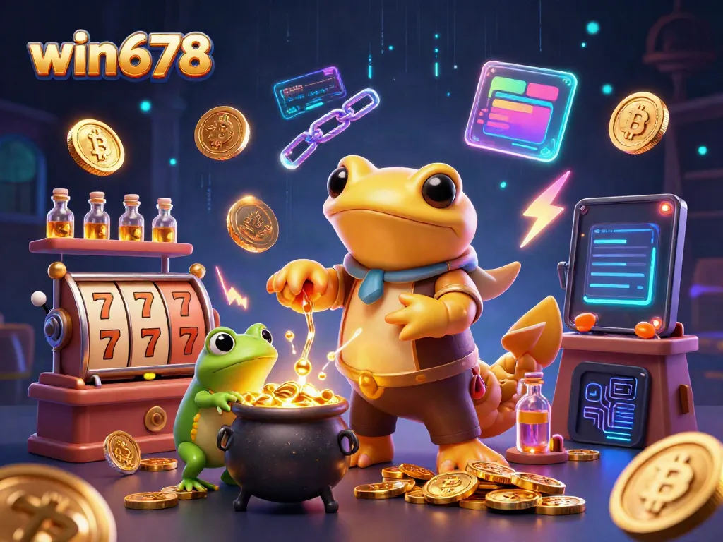 Engage with win678 in a vibrant 3D casino scene with golden alchemist characters amidst dynamic gaming elements.