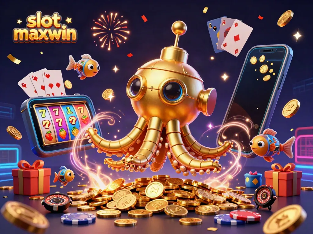 Experience the thrill of slot maxwin with a golden kraken submarine, colorful slot game elements, and dynamic casino game action!
