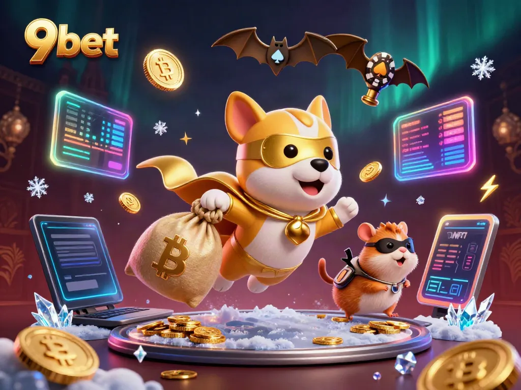 Engage with thrilling 9bet games where a superhero dog delivers gold coins amidst floating crypto elements.