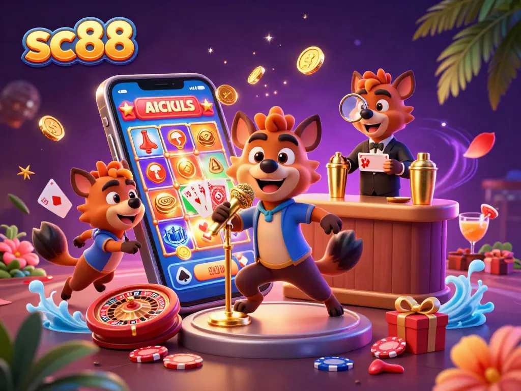 Hyenas at the sc88 comedy casino, with a bartender, comedian, and bouncer among casino games.