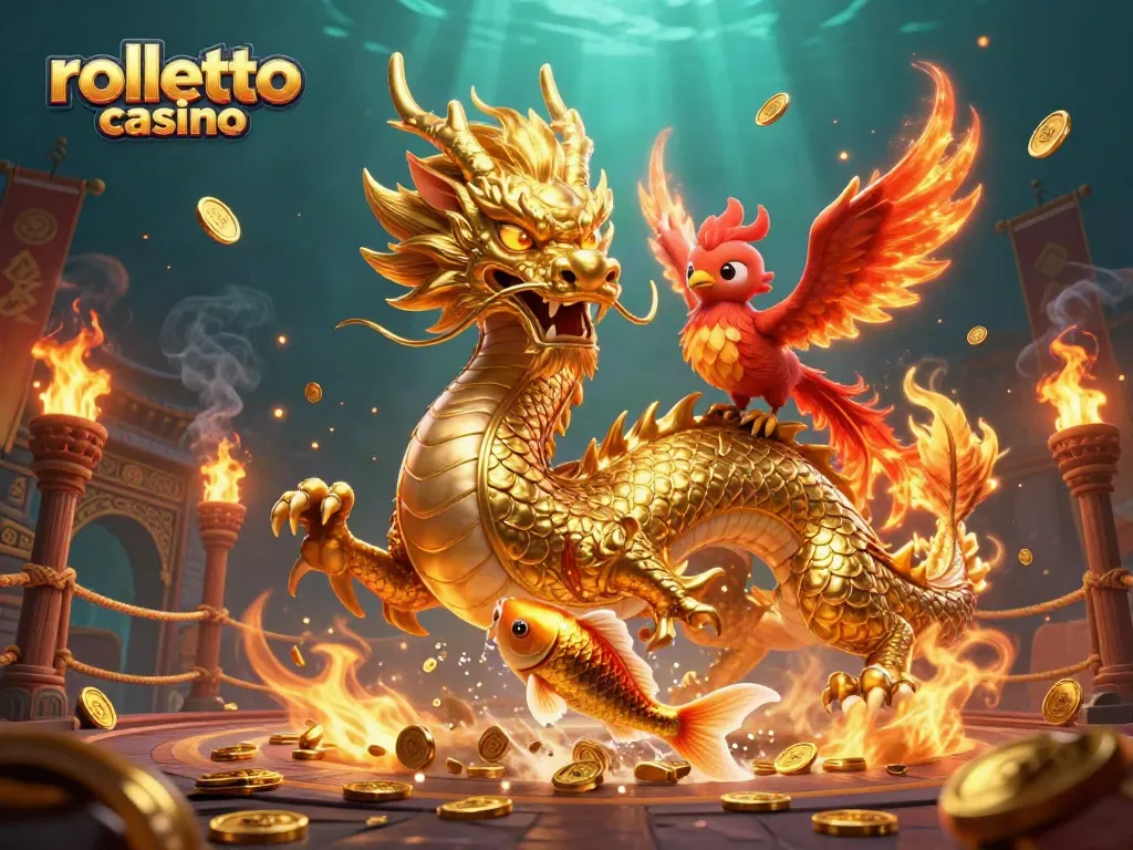 Engage in thrilling games at rolletto casino with a vibrant 3D dragon and phoenix illustration.