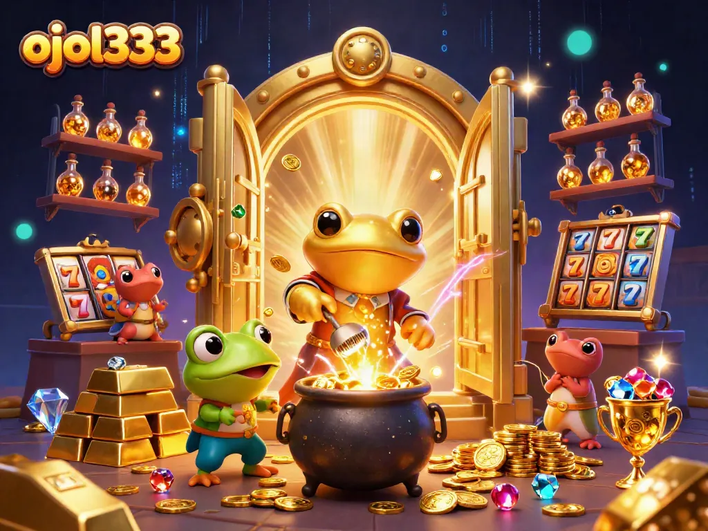 ojol333 captures the dynamic action of slots with a golden alchemist and his frog apprentice in a vibrant casino setting