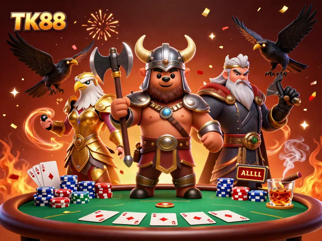 TK88 poker scene with Viking bear and Valkyrie eagle battling for winnings