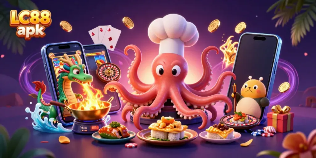 Engage with LC88 apk for a thrilling gaming scene featuring colorful slot games and dynamic characters.