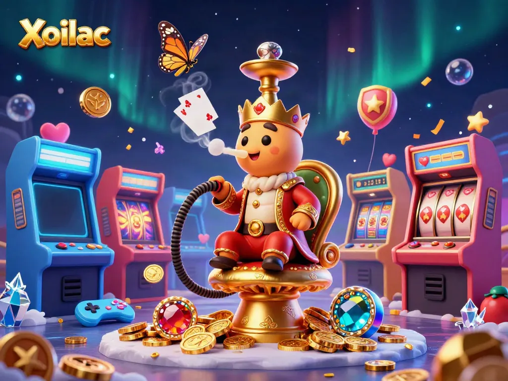 Xoilac casino illustration featuring a captivating caterpillar hookah-master amidst rich game elements like slot reels and vibrant arcade machines.