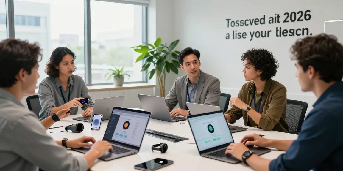 Professionals discussing AI wearables in a modern office with high-tech gadgets and collaborative atmosphere.