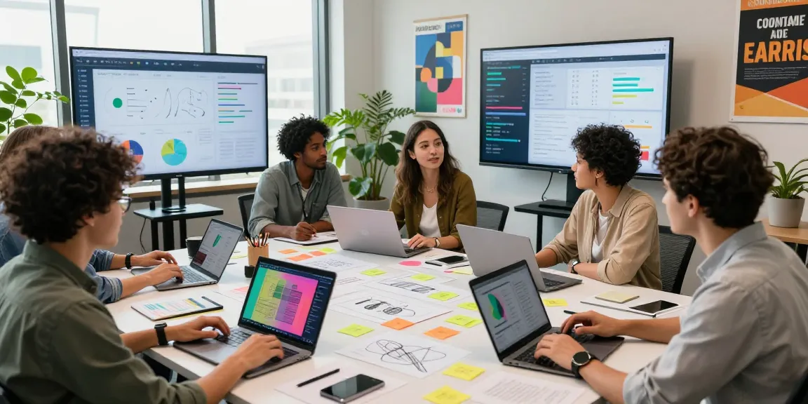Team collaboration around a mix board in a vibrant office setting, showcasing creative brainstorming with technology.
