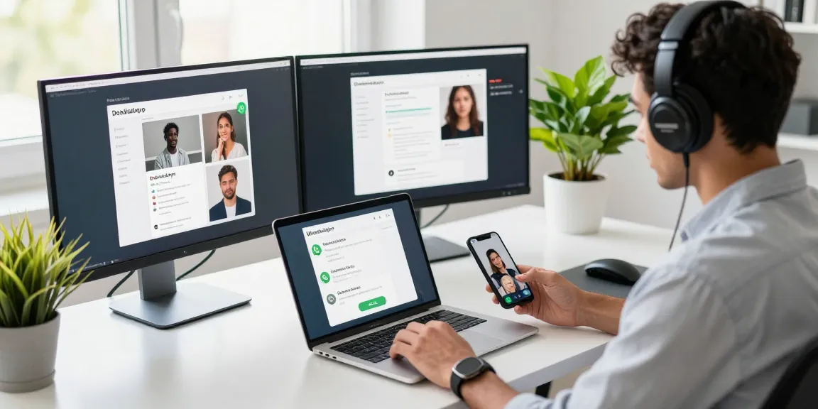 WhatsApp下載 in a modern workspace, showcasing a person downloading the app on a laptop with vibrant surroundings.