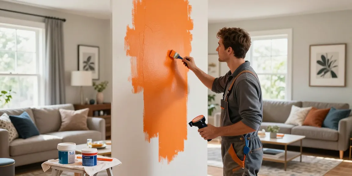 Lincoln painter applying vibrant paint in a stylish living room, showcasing craftsmanship.