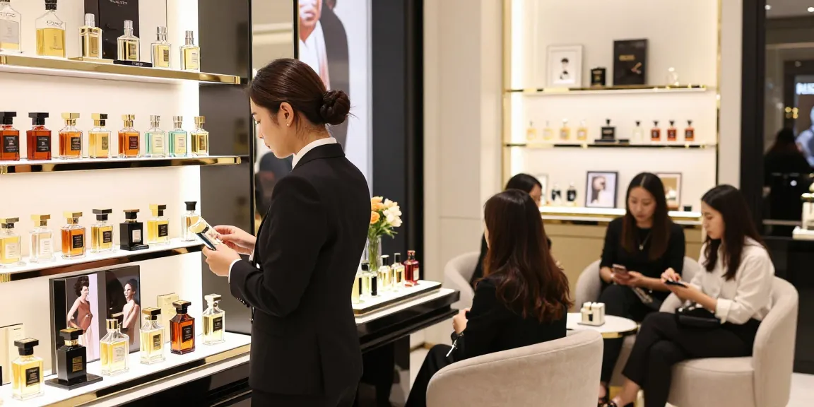 Shopping for luxury perfume brands in a sophisticated retail setting, highlighting premium fragrances and elegant decor.