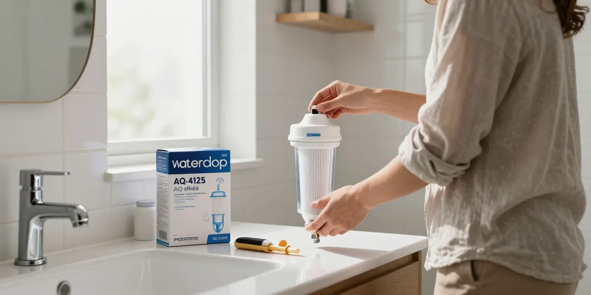 Installing the Waterdrop AQ-4125 Shower Filter Replacement for Aquasana® AQ 4125 in a modern and serene bathroom setting.