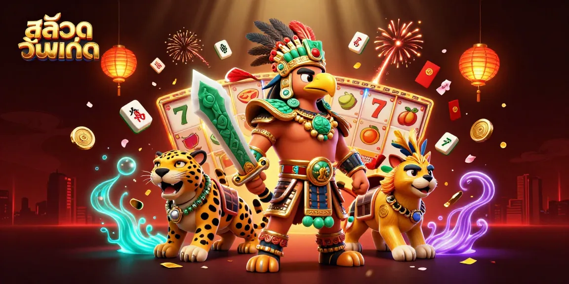 Experience สล็อตอัพเดท in this vibrant 3D illustration with Aztec warriors, slot elements, and colorful confetti.