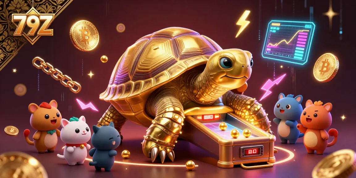Engage with thrilling slots at 79Z featuring a colossal golden tortoise as a pinball machine in a vibrant casino scene.