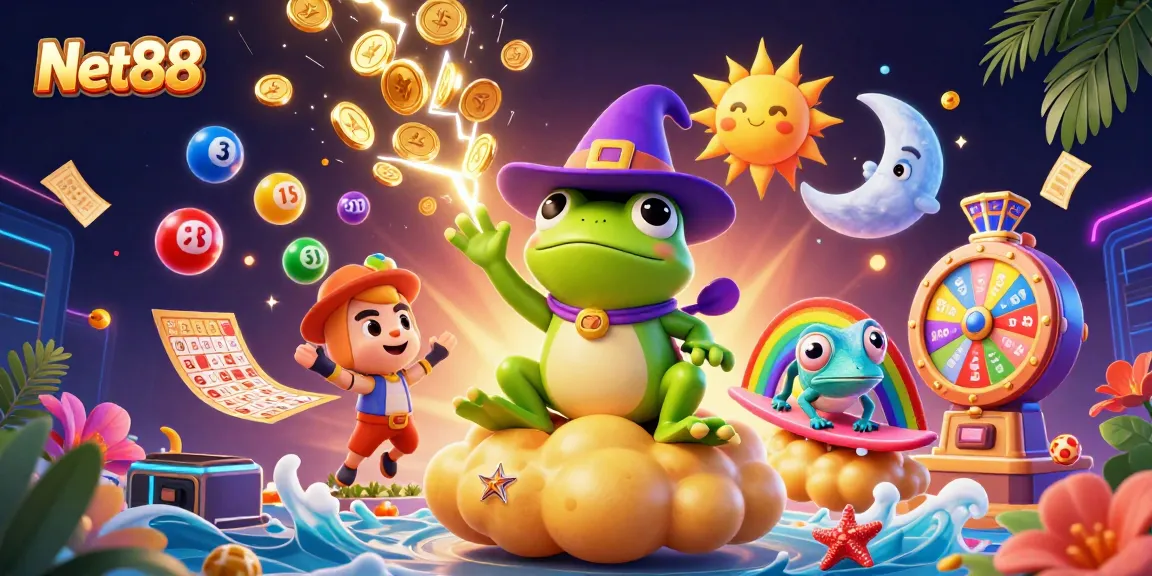 Engage in thrilling casino fun with Net88 as the wizard frog conjures gold coins amidst vibrant gaming elements.