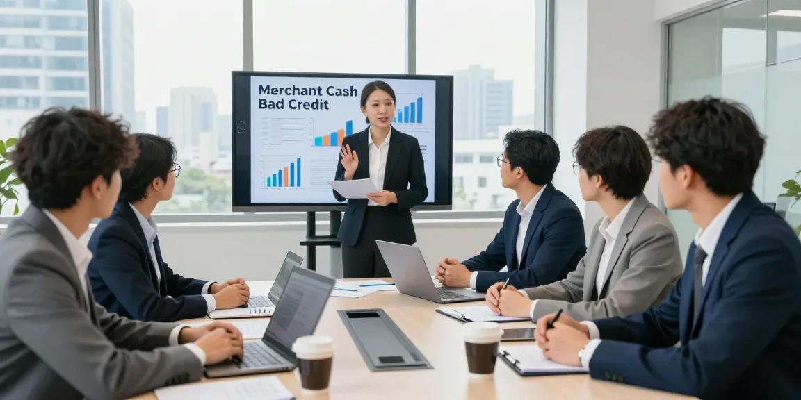 Business team discussing merchant cash advance bad credit solutions at a conference table in a modern office setting.