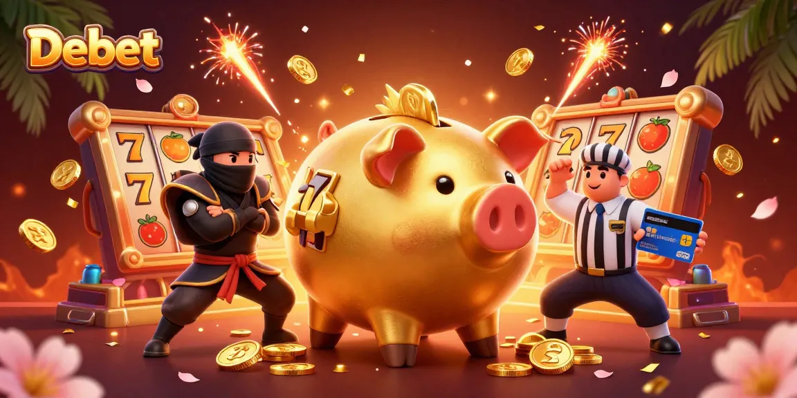 Engage with the vibrant Debet casino scene featuring a golden piggy bank sumo wrestler amidst slot game excitement.