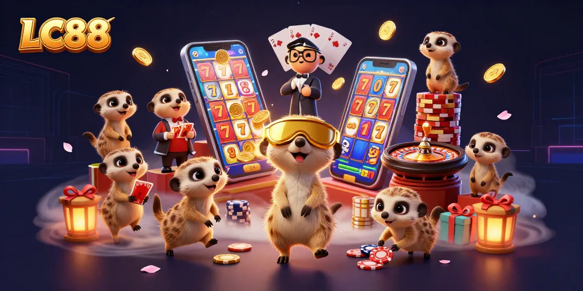 Experience the thrilling gaming atmosphere of LC88 with lively meerkats at a colorful casino.