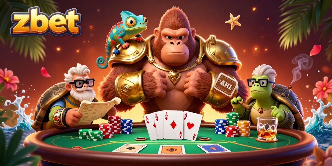 Zbet showcases an animated gorilla king, tortoise elder, and chameleon, all geared up for poker.