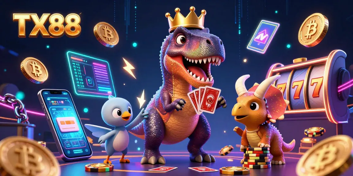 Engage with TX88 at the lively casino featuring a friendly T-Rex shuffling cards while a pterodactyl assists.