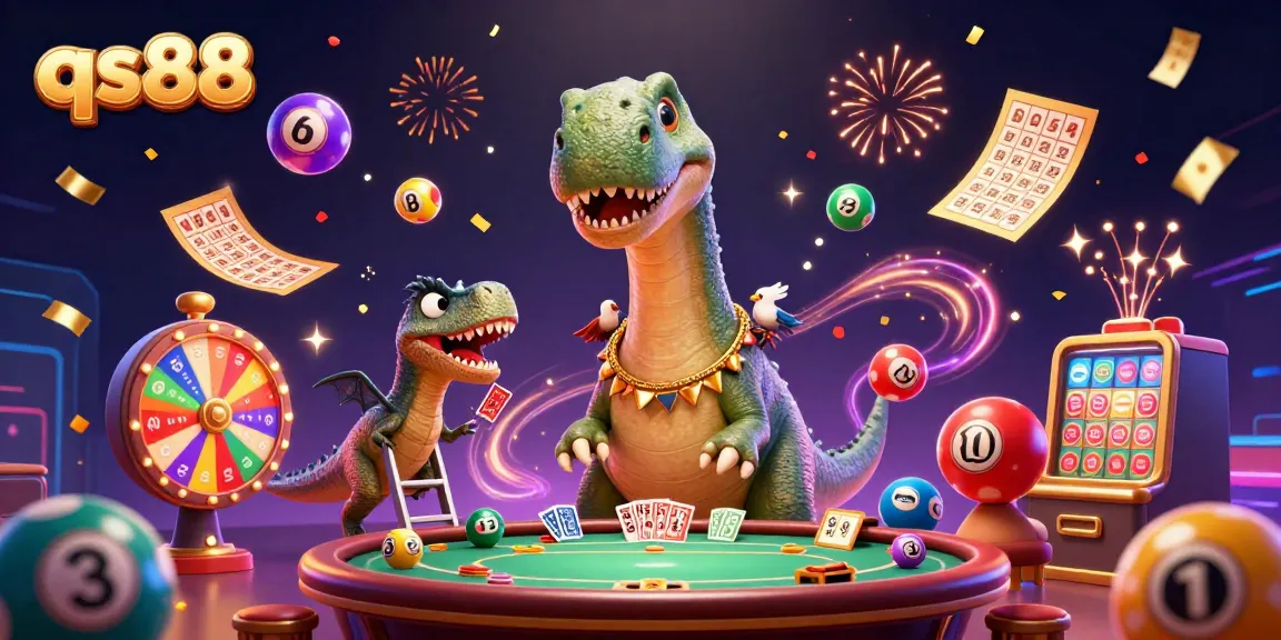 Engage with qs88's vibrant 3D illustration featuring a brontosaurus and raptor in a dynamic casino scene.