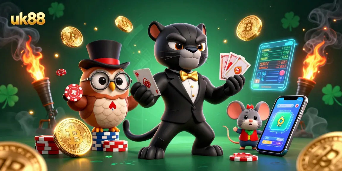 Engage in thrilling gaming hosted by uk88, featuring a stylish black panther dealer and animated characters.
