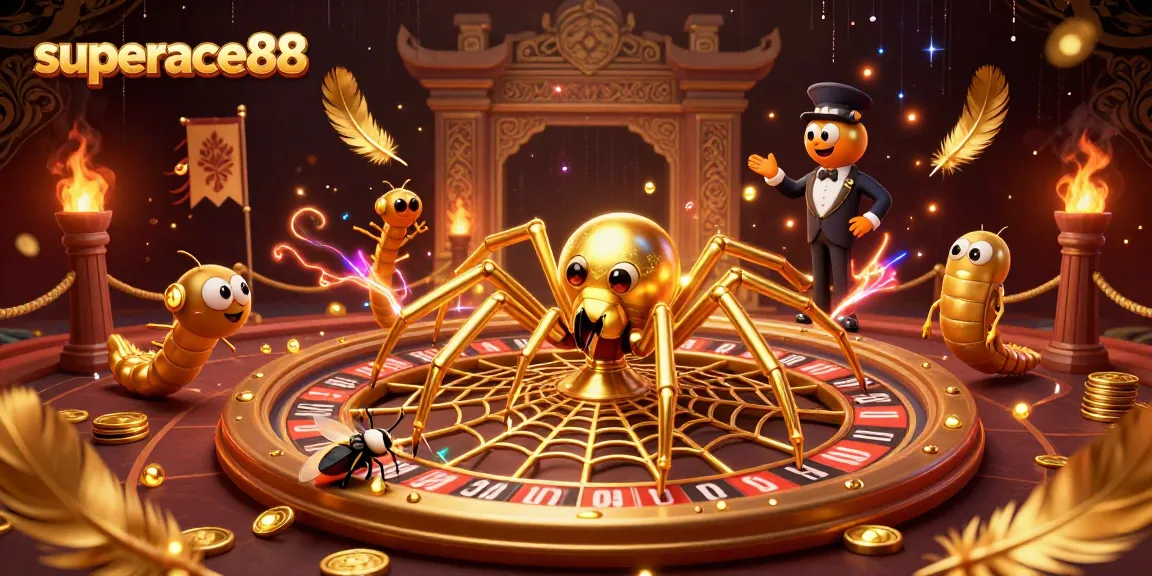 Experience the excitement of superace88 with a cartoon spider spinning a roulette web, showcasing thrilling gaming.